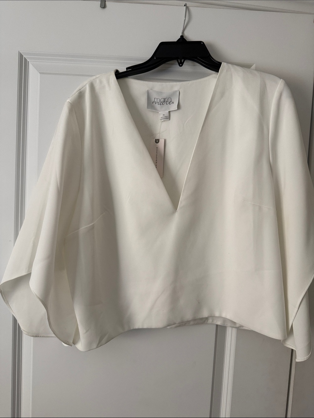 Maeve Cream V-Neck Draped Sleeve Blouse